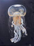Artistic depiction of a jellyfish on a black background with art supplies below.